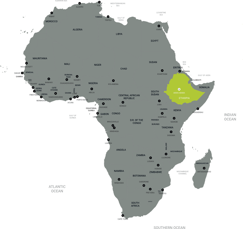 Map of Africa showing Ethiopia and Addis Ababa at its heart