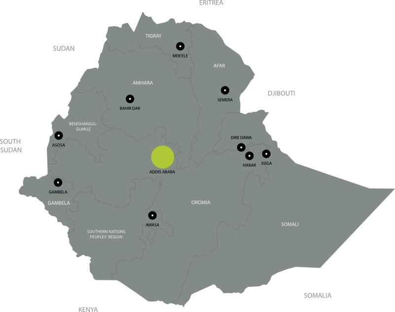 Outline map of Ethiopia showing major towns and cities