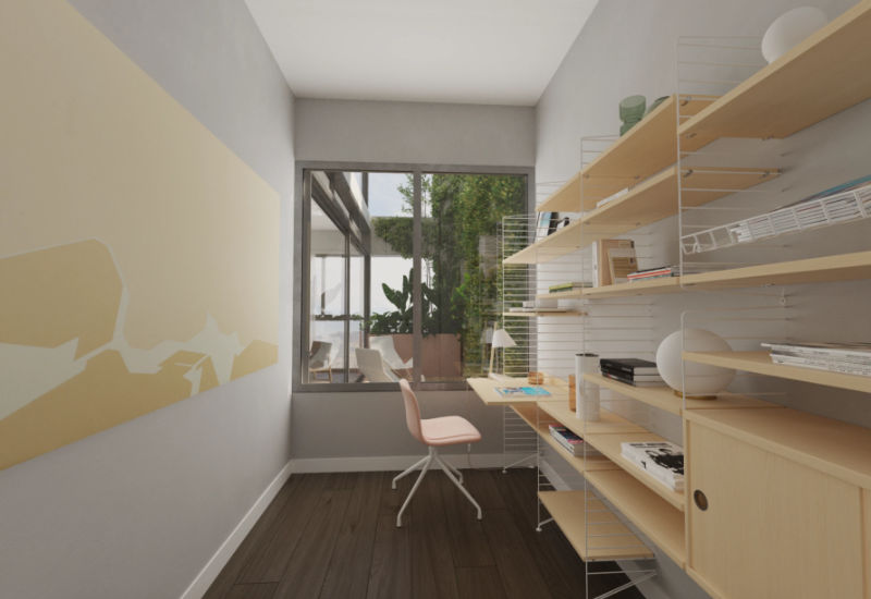 Render of the study in a one bedroom Kefita apartment