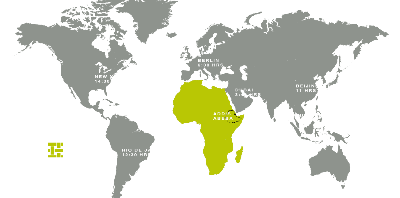 World map showing flight times from key cities to Addis Ababa