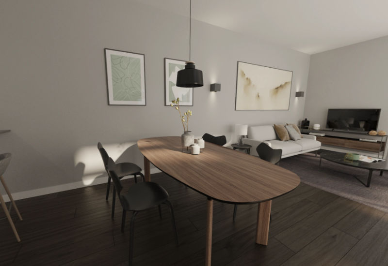 Render of interior of Kefita apartment showing dining table and lounge area beyond