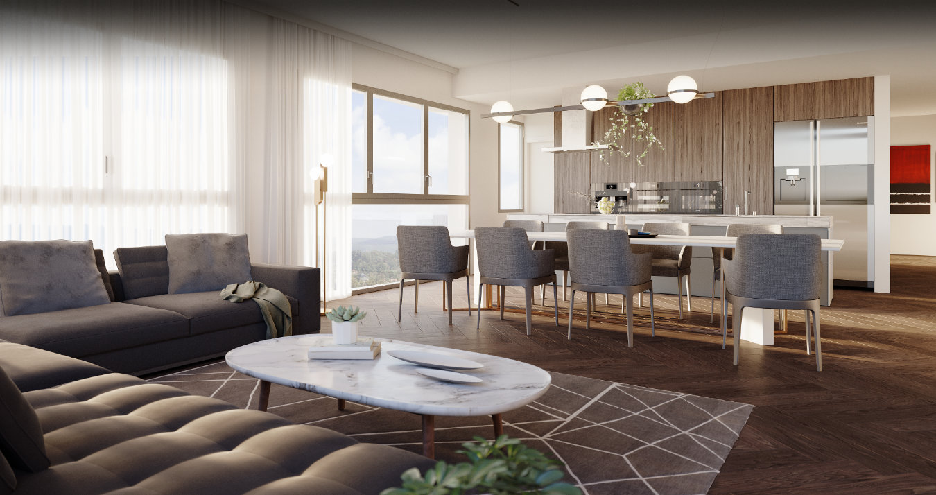 Render of the kitchen of a Kefita penthouse